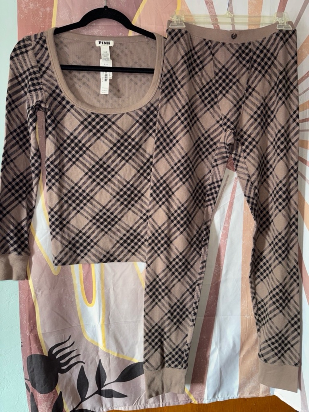 NWT PINK Victoria's Secret Plaid pajama set for bed or lounge - Taupe/Drk brown